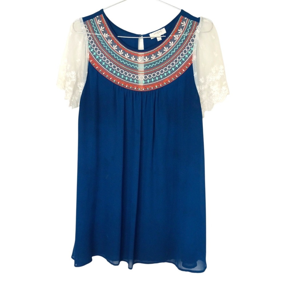 Umgee USA Womens Blue Embroidered Boho Mini Tunic Top Lace Sleeve Size S